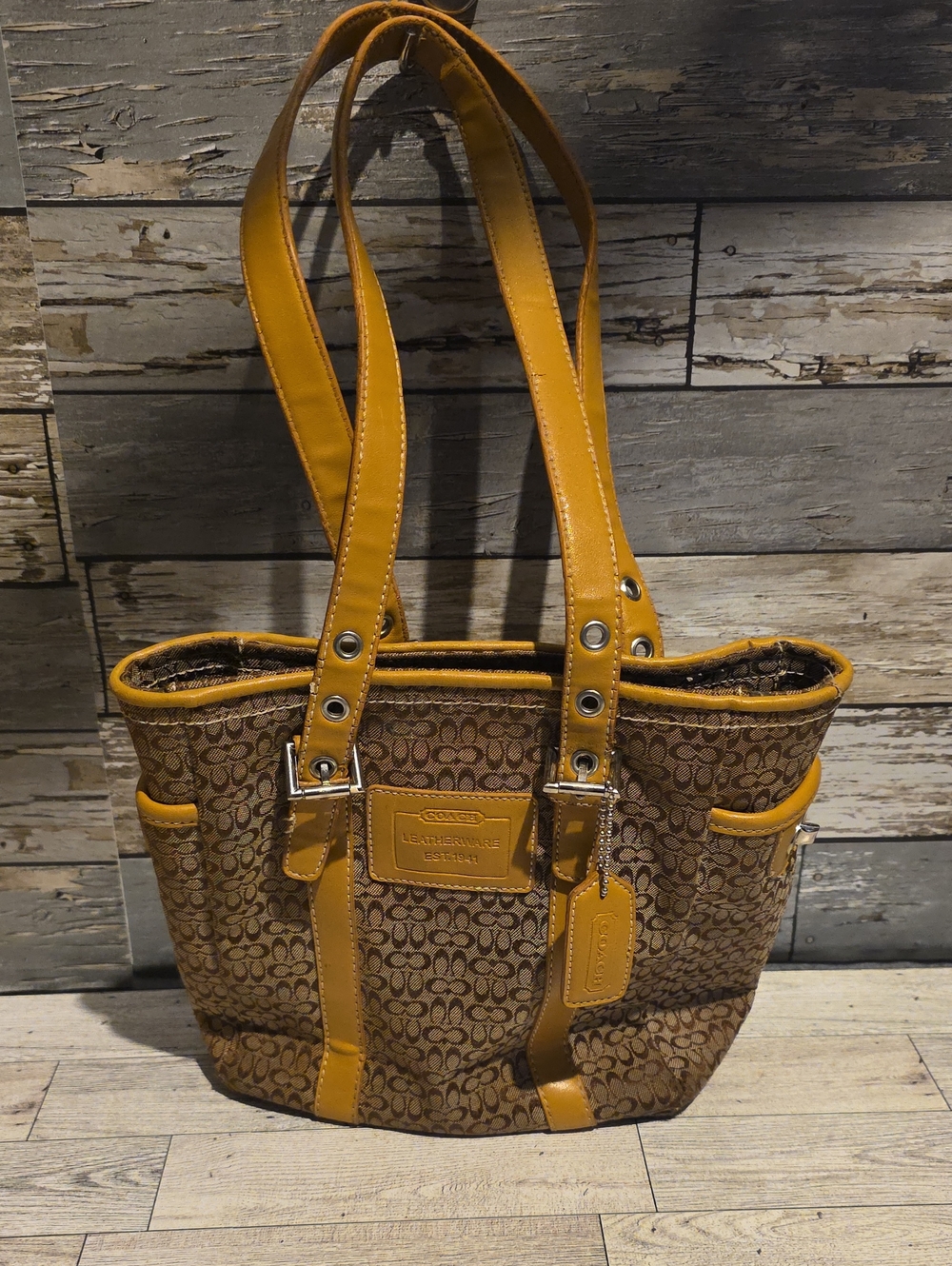 Coach Brown Signature Tote with Mustard Trim